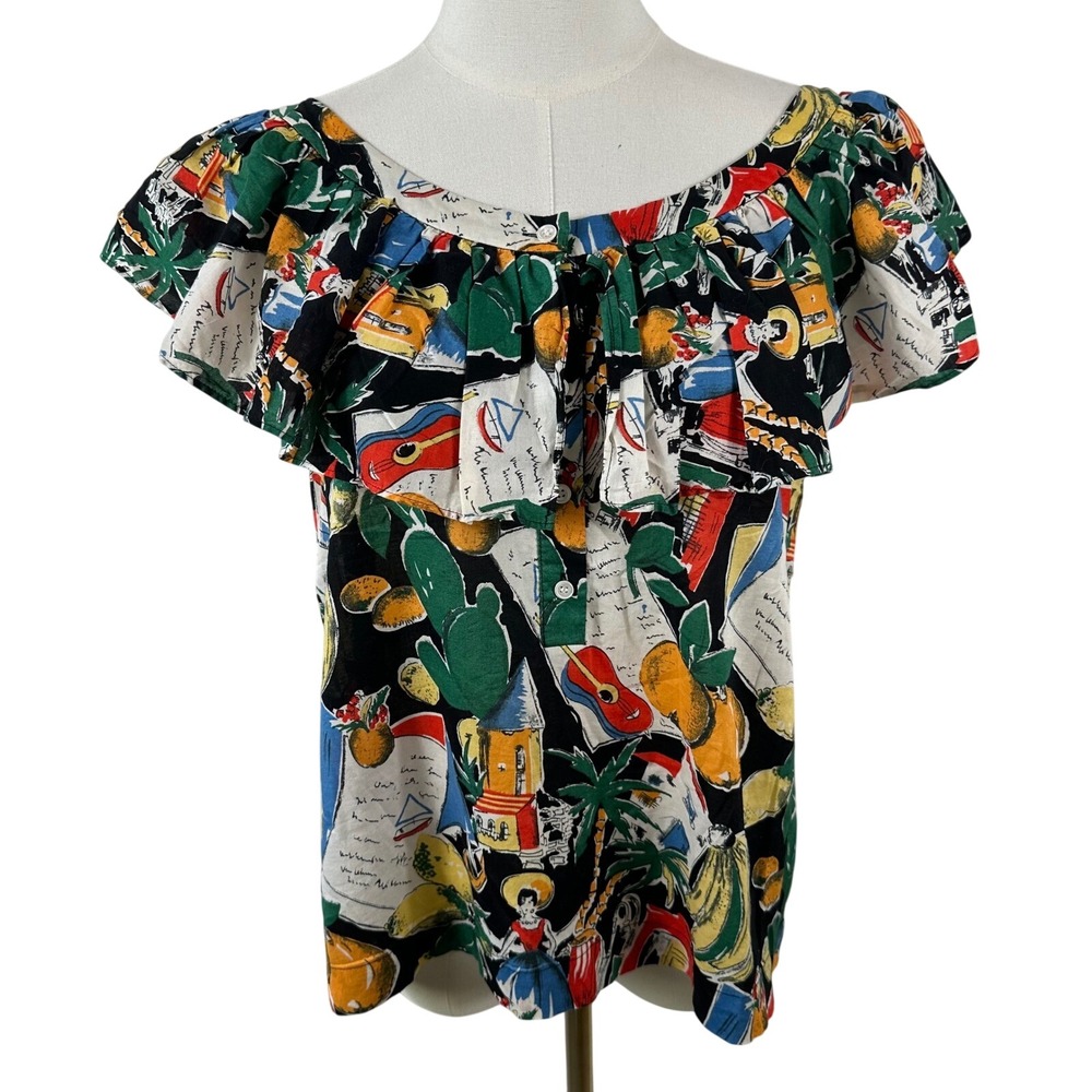 JCrew Postcard Print Ruffle Blouse Women 6 Cotton Off Shoulder Popover Top Shirt